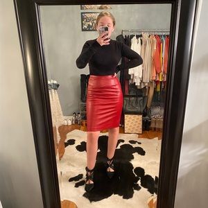 Red Faux Leather Knee-Length Skirt
